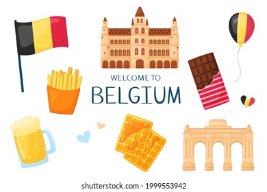 Cute set of vector illustrations on the theme of Belgium. Collection of national symbols in cartoon style. Clipart with traditional elements of architecture, cuisine. Isolirvan on a white background.
