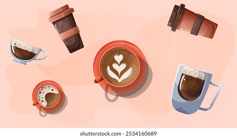 Cute set of vector illustrations on the topic of coffee. Design of coffee cups and glasses with coffee poured into them on peach background. Brown, red, coffee and peach colors are used. Eco material