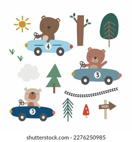 A cute set of vector illustrations, woodland bears in colourful racing cars and woodland trees.