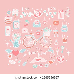
Cute set of vector objects for Valentine's Day, Collection of stickers for Valentine's Day, Bicycle with tulips in a basket, Cake with hearts, Lock with a key, Roses in a funnel, Hand draw, Doodle.