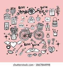 Cute set of vector objects for Valentine's Day, Collection of stickers for Valentine's Day, Bicycle with tulips in a basket, Cake with hearts, Lock with a key, Roses in a funnel, Hand draw, Doodle.