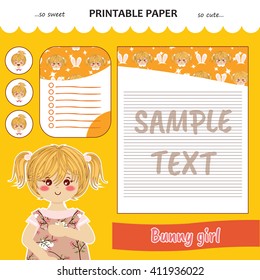cute set vector printable paper for diary, notebook, letters. Bunny girl stickers and illustration. Festive childish cartoon design Yellow color theme