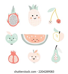 Cute set of vector smiling fruits isolated on white background. Food illustration for design and prints.