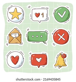 Conjunto de líneas con iconos vectoriales de los medios sociales. Ilustración dibujada a mano brillante al estilo de las caricaturas.