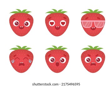 Emoji de fresa de conjunto lindo aislado en fondo blanco