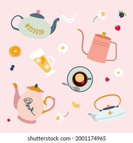 Cute Set Of Vector Teapots For Coffee Or Tea Break. Cup, Coffee To Go, Coffee, Glass, Cappuccino, Americano, Espresso, Tea, Drink, Break, Lunch, Afternoon Snack, Restaurant, Matcha, Glace, Frappuccino