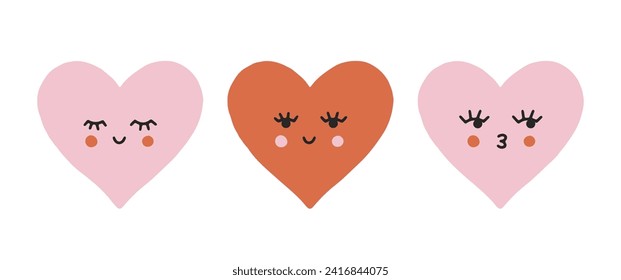 Cute set of vector Valentines smiling hearts isolated on white background. Red and pink lovely hearts for Valentines day, festive design, romantic holidays. Lovely elements in flat cartoon style