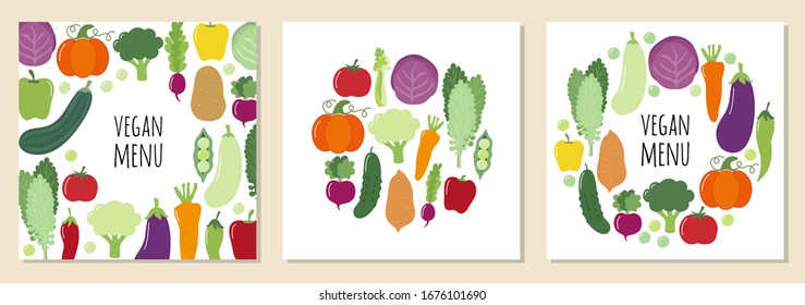 Cute set of Vegan Menu backgrounds with various vegetables for your decoration