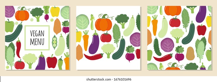 Cute set of Vegan Menu backgrounds with various vegetables for your decoration