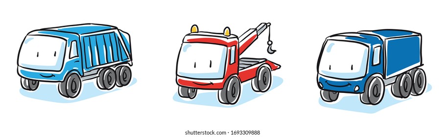 Cute set of vehicles, trucks, tow truck, garbage truck. Hand drawn cartoon sketch vector illustration, whiteboard marker style coloring. 