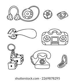 Cute set with vintage retro items: phones, pendant, CD player, tape recorder, keychain with dice. Doodle vector black and white illustration.