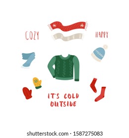 Cute set of warm cozy clothes for the winter. Hand drawn vector