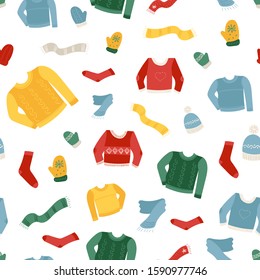 Cute set of warm cozy clothes for the winter. Hand drawn vector pattern