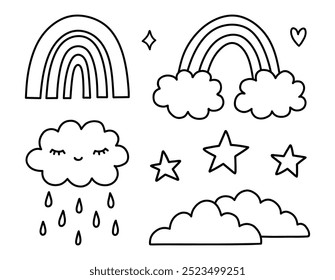 Cute set of weather elements - clouds, rainbow, stars. Vector hand-drawn illustration in doodle style. Perfect for cards, decorations, logo, various designs.