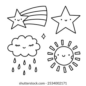 Cute set of weather elements - rain cloud, sun, stars. Vector hand-drawn illustration in doodle style. Perfect for cards, decorations, logo, various designs.