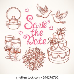 cute set for a wedding with a couple doves, wedding cake and bouquet. hand-drawn illustrations.