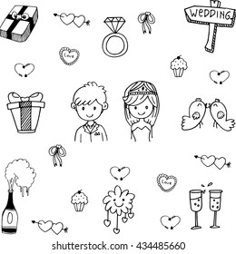 Cute set wedding vector in doodle on white backgrounds