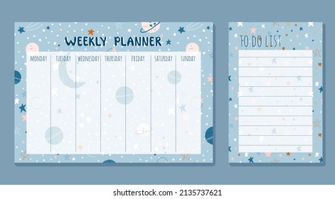 Cute set with Weekly planner and To do list for children. Cosmic theme vector illustrations. Hand drawn schedules for school and preschool education.