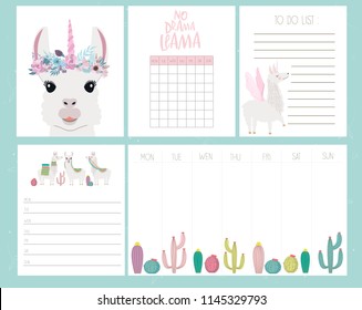 Cute set of weekly planner and schedule with alpaca and koala bear. Editable vector illustration