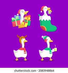 KÜRZUNG WEISSER GOOSE IN VERSCHIEDENEN CHRISTMAS KOSTEN UND CHRISTMAS PRÄSENTIEREN BOX.  FLACHILLUSTRATION 