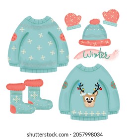 Cute set of winter clothes . christmas themed sweater. wool jumper with snowflake, reindeer design.knitted hat,overshoes  and mittens. New Year and winter holiday symbols 