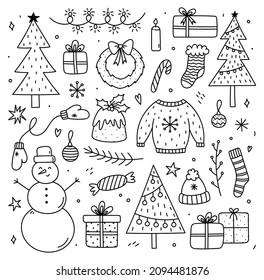 Cute set of winter doodles - Christmas trees, wreath, gifts, snowman, bauble, ugly sweater, garland, warm clothes. Vector cartoon hand-drawn illustration. Perfect for holiday designs, card, invitation