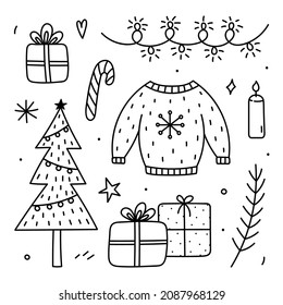 Cute set of winter doodles - a decorated Christmas tree, garlands, gifts, ugly sweater, candy cane and candle. Vector cartoon hand-drawn illustration. Perfect for holiday designs, cards, invitations.