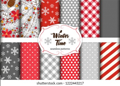 Cute set of winter holidays seamless patterns