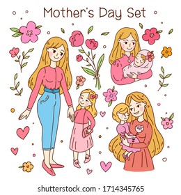 Cute Set with woman Mother and daughter. Doodle kawaii style.  Vector illustrations. Happy Mother`s Day. Use for greeting card, poster, banner, and other design.