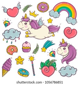 Cute set of wonderful magical elements with unicorns, candies and treasures.