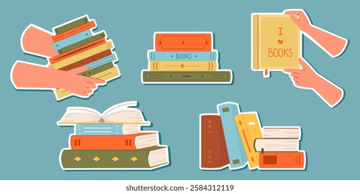 Cute set of World Book Day stickers: stack of open,closed books,books in hands,for planners,notebooks. Printable list of cute. stickers.Blue isolated background.Flat style