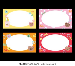 Conjunto de marcos de osos de peluche, carteles, fondos de escritorio, publicaciones en medios sociales, fondos, fondos, plantillas de anuncios, impresiones, carteles. Marco amarillo, rosa, naranja y rojo con corazón, flores, objetos de doodle...
