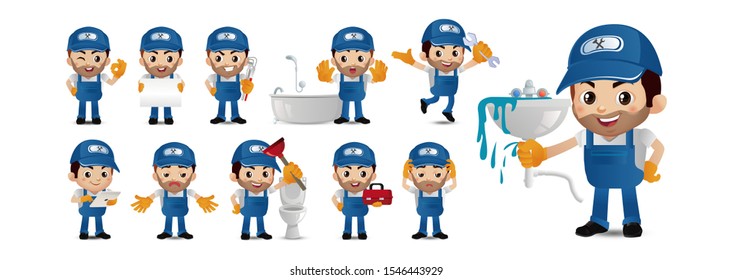 Cute Set-profession-plumber with different poses