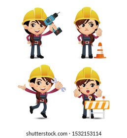 Cute Set-profession-worker with different poses. vector