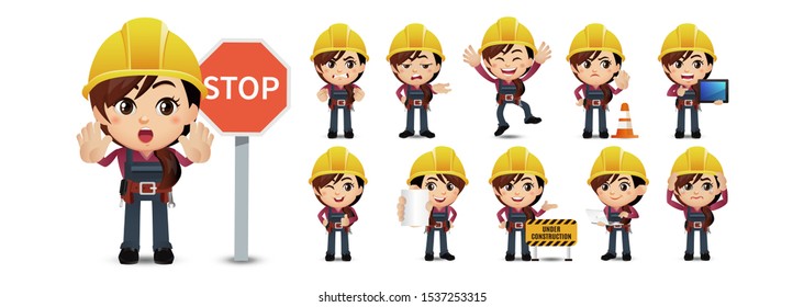 Cute Set-profession-worker with different poses. vector