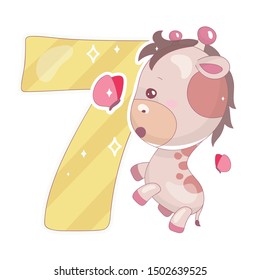 Cute seven number with baby giraffe cartoon illustration. School math funny font symbol and kawaii animal character. Kids scrapbook sticker Children 7 years old birthday and anniversary number clipart