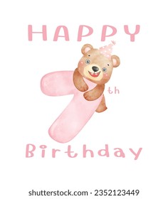 A cute seventh Birthday teddy bear wearing a party hat with pink number 7, Adorable innocence animal watercolor illustration Perfect for birthdays, nursery, greeting card.