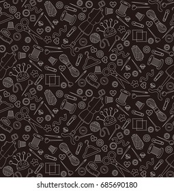 Cute sewing doodles black and white seamless vector pattern