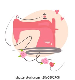 Cute sewing machine with flowers. Tailor's tool element for a handmade clothing store, tailor shop and sewing courses. Hand drawn illustration isolated on a white background.