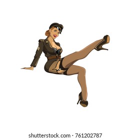 Cute sexy military pilot uniform pin up girl sitting hand drawn color vector vintage 