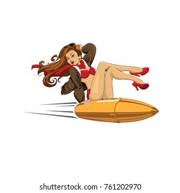 Cute sexy pin up girl sitting on a bullett flying in bra hand drawn color vector vintage 