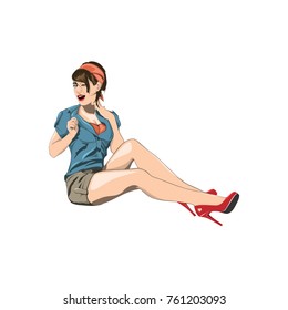 Cute sexy pin up girl sitting hand drawn color vector vintage 
