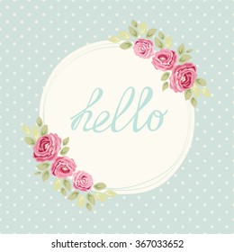Cute shabby chic frame with roses on seamless polka dots background for your decoration