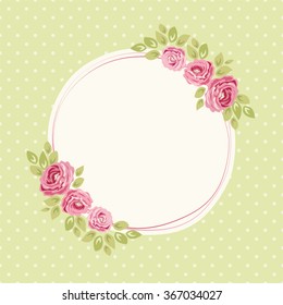 Cute shabby chic frame with roses on seamless polka dots background for your decoration