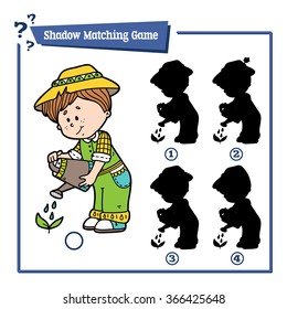 cute shadow gardener game. Vector illustration of shadow matching game with happy cartoon gardener for children