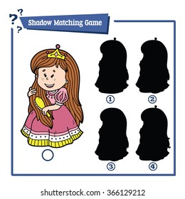 cute shadow princess educational kids game. Vector illustration of shadow matching educational kids game with happy cartoon princess for children