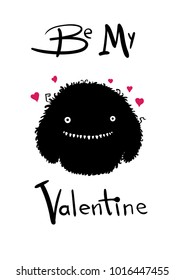 Cute shaggy black monster with pink hearts. Valentine's Day postcard. Simple flat vector, eps10
