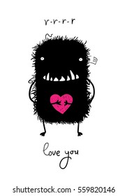 Cute shaggy black monster with a pink heart. Valentine's Day postcard. Simple flat vector, eps10.