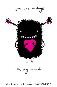 Cute shaggy black monster with a pink heart. Valentine's Day postcard. Simple flat vector, eps10.