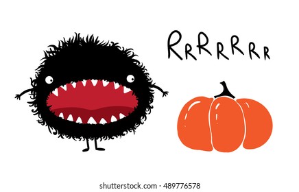 Cute shaggy black monster with pumpkin. Simple flat vector, eps10.